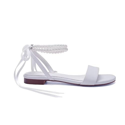 Image of Wedding Shoes for Bride Flat Sandals Open Toe Pearl Bridal Shoes Flat Wedding Sandals