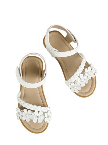 Image of OYOANGLE Girl's Flower Decor Braided Flat Sandals Open Toe Ankle Strap Dressy Sandals White CN33, 4.5 Big Kid