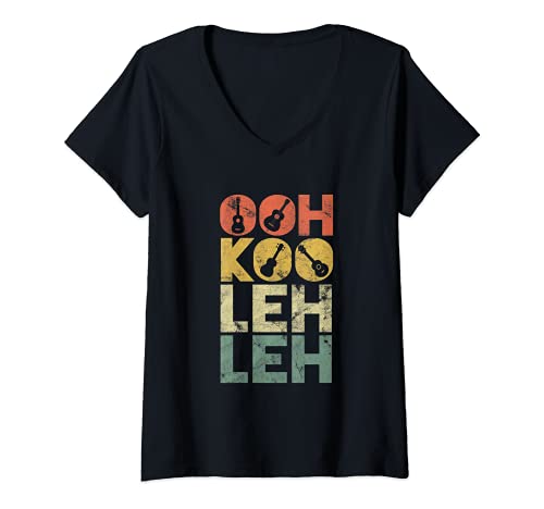 Womens Vintage Ooh Koo Leh Leh Retro Guitar Hawaiian Uke Acoustic V-Neck T-Shirt, Black
