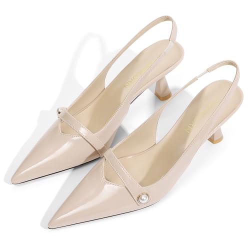 Image of Women Kitten Heels Slingback Low Heel Pumps Dress Shoes for Women Closed Pointed Toe Pearl Heels for Work Wedding Bridal