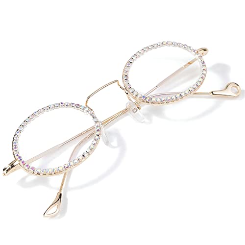 mincl Oval Frame Bling Rhinestone Reading Glasses Women Sparkling Round Crystal Metal Frame Blue Light Blocking Reader (gold, 1.5, multiplier_x)