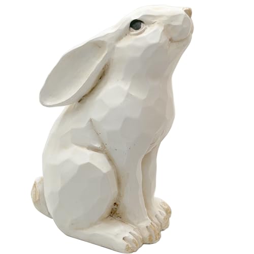 Easter Decorative Farmhouse White Rabbit Bunny Figurine, Carved Rustic Distressed Animal Rabbits Ornaments - Home Decor Accents Collectible Spring
