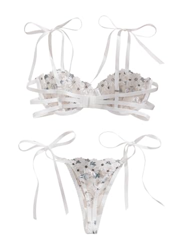 Lilosy Sexy Tie Side Embroidered Underwire Push Up Cute Strappy Mesh Sheer Bachelorette Lingerie Set2