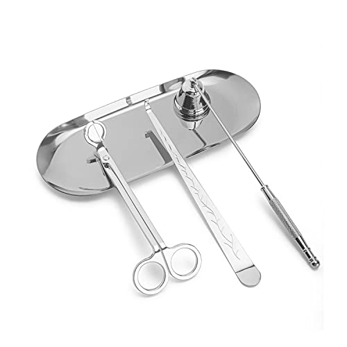 Chexin 4 Stücke Kerze Zubehör Set mit Kerzenlöscher, Kerzendochtschneider, Dochtzieher, Ablageschale,Edelstahl Kerzenwerkzeug Kit, Geschenk für Candle Lover(Silber)