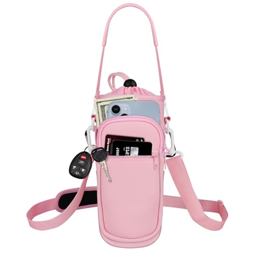 Image of Water Bottle Holder with Strap, Water Bottle Carrier Bag with Phone Pocket, Shoulder Hand Strap Insulated Neoprene 32 oz Water Bottle Sleeve for Walking Hiking Camping Gym(Pink)
