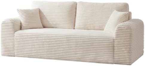 Modern 3 Seater loveseat Sofa, Comfy Deep Seat Boneless Couch with 2 Pillows, Plush Corduroy Fabric couches for Living Room, Bedroom and Apartment (White, 86.6" Seater Sofa)