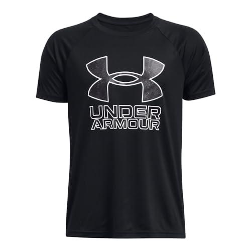 Image of Under Armour Boys' Tech Hybrid Printed Fill Short-Sleeve T-Shirt, (001) Black / / White-Husky Boys, Large Plus
