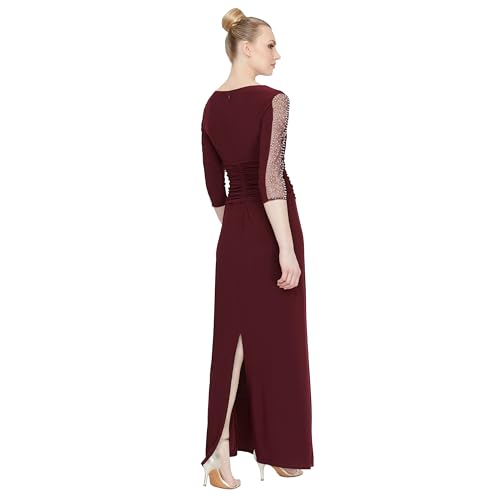 Image of S.L. Fashions Women's Long Length Ruched Waist Formal Evening Dress with Beaded Illusion Sleeves (Petite and Regular Sizes)