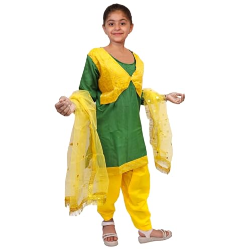 Image of Kaku Fancy Dresses Polyester Indian State Punjabi Folk Dance Costume for Kids /Salwar Suit with Dupatta For Girl Costume - Green & Yellow, 3-4 Years
