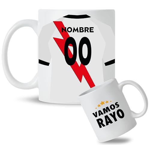 Taza Personalizada con nombre y dorsal de tu equipo preferido de Fútbol. Tazas de Desayuno personalizada. Regalo Original para Aficionados del Fútbol. Regalos Mundial. (Rayo Vallecano)