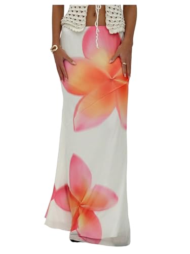 Milumia Women's Floral Print Mesh Maxi Skirt Low Waist Flare Hem Summer Long Skirts