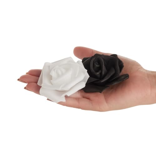 Image of Bright Creations Black & White Roses Stemless Foam Rose Heads - 100 Pack, 3 in Polyethylene Craft Foam - Faux Flowers for DIY Arrangements & Wedding Flowers