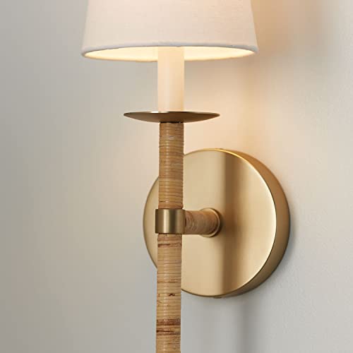 Image of Capital Lighting 647211MA-705 Tulum White Fabric Shade with Handcraft Rattan Torchiere Wall Sconce, 1-Light 60 Watt, 18 inch H x 6 inch W, Matte Brass