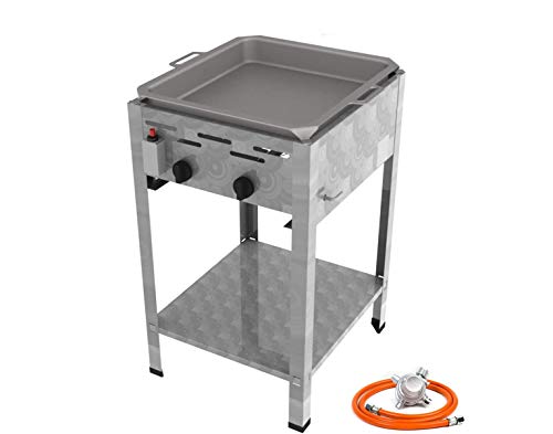Gas-Shop-24 Stand Edelstahl Gasbräter 2 flammig 9,0 KW f. Propangas mit Stahlpfanne + Untergestell + Gasschlauch, Gewerberegler + SBS (Standgerät Gastronomie Kocher - Wurstbräter Gasgrill Bräter)