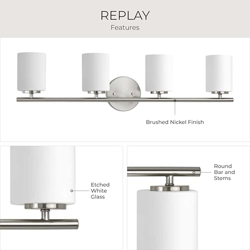 Image of Progress Lighting 4-Light Etched White Glass Modern Bath Vanity Light, Replay Collection, Brushed Nickel (P2160-09)