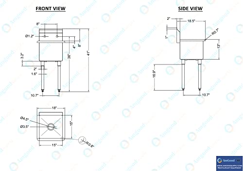 Image of AmGood Stainless Steel Prep & Utility Sink | 304 Stainless Steel | Restaurant, Kitchen, Laundry, Garage | NSF (Bowl Size: 15 inch x 15 inch No Faucet)