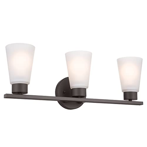 Image of Kichler Stamos 3-Light Bathroom Vanity Light Fixture with Satin Etched Glass Shades, 22 in Modern Wall Light in Olde Bronze for over Mirror (22 in x 5 in x 8 in), 45887NI