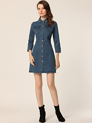 Allegra K Women's Button Down Denim Dress 3/4 Sleeve Summer 2025 Jeans Mini Dress3