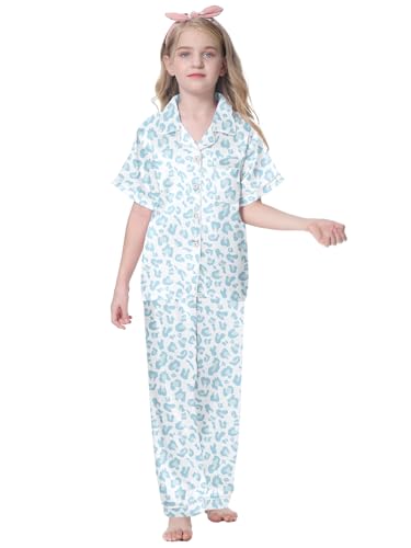 Umeyda Girls Pajamas, Satin Pjs Silk Sleepwear Comfy Family Matching 2Pcs Lightweight Loungewear Gift for Teen Kids, Blue Leopard, 11-12 Years = Tag 1603