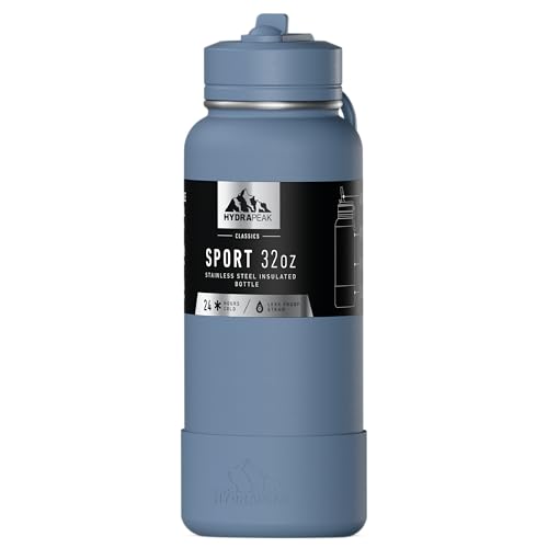 Hydrapeak 32oz Sport Insulated Water Bottle with Straw or Chug Lid, Leak & Spill Proof, Keeps Drinks Cold for 24 Hours, Hot for 12 Hours, Premium Stainless Steel Water Bottles (32oz, Modern Blue)