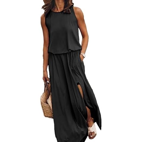 DandyChic Womens Summer Dresses Short Sleeve Skirts Full-Length Kimonos Dress, Black, Large Cover
