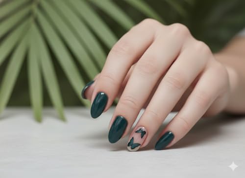 Image of SUSA SOUL24 Pcs ReusablePress On Nails Fake Nails with Glue and Kit| Midnight Aurora ButterfliesHigh Gloss Press On Nails | ABS Material UV Protected Long Lasting Finish | Reusable Customizable Nail Kit |Almond Nails salon fresh look (Green - Medium Almond)