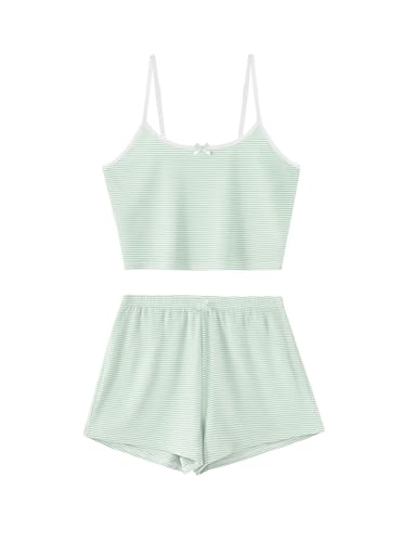Image of Hilinker Womens Graphic 2 Piece Pajama Set Summer Cute Crop Cami and Shorts Ribbed Lounge Sets