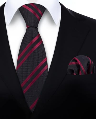 Image of HISDERN Stripe Tie Mens Ties with Pocket Square Set Classic 3.4'' Silk Formal Necktie Handkerchief for Business Wedding