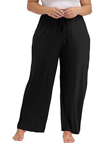 ALLEGRACE Women's Plus Size Comfy Stretch Long Pajama Pants Drawstring Sleep Lounge Pants Black-A 2X