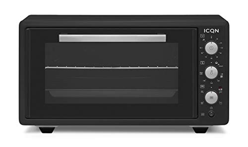 50 Liter Minibackofen mit Umluft Schwarz | 90 Min Timer | Pizza-Ofen | Mini Ofen | Innenbeleuchtung | Doppelverglasung | Turbolüfter | Drehspieß