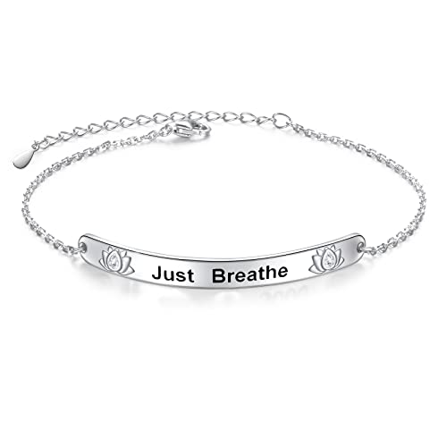 FLYOW 925 Sterling Silver Adjustable Lighthouse Teach Love Inspire Apple Just Breathe Bracelet for Women Inspirational Cuff Bangle Bracelets Birthday Graduation Gifts