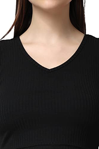 Image of POPWINGS Casual Solid Ribbed Crop Top for Women || Sleeveless & V-Neck Crop Tops for Women Black