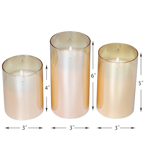 Image of CANDLE CHOICE Real Wax Battery Operated Flameless Pillar Candles with Auto Timer Gold Glass Shell Realistic Black Wick Flickering Electric LED Lights for Wedding Halloween Christmas Decorations 3 Pack