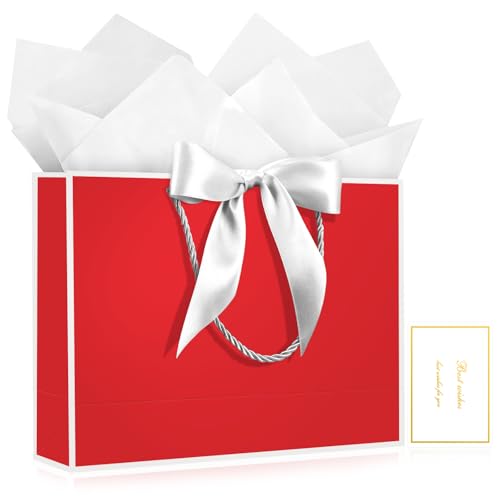 Image of JMANNI Gift Bags with Handles, 13 inch Medium Gift Bag for Presents, 1 Pcs Bags with 2 Tissue Paper and 1 Cards for Baby Shower Wedding Bridal Shower Mother's Day Birthday Party (red-white