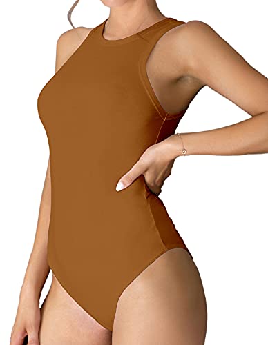 Bodysuit femme slim fit dos nu marron clair en coton extensible