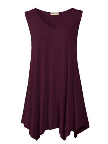 LARACE プラスサイズ タンクトップ 女性用 Vネック Tシャツ 夏 ノースリーブ チュニック トップス ルーズフィット 流れるようなブラウス, バーガンディ, 1Xの商品画像（Amazon）