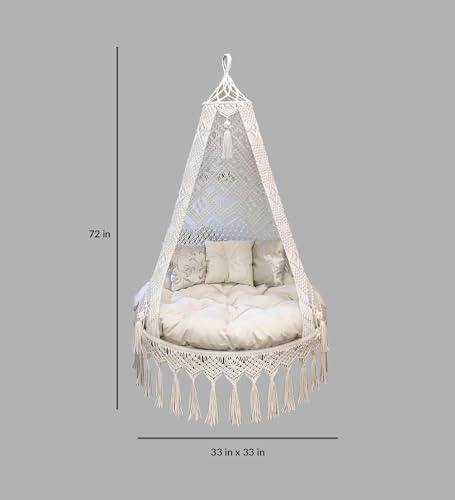 Image of Macrame Hanging Chair Swing with Cushion | Handmade Boho Hammock Chair for Adults & Kids | Indoor Outdoor for Balcony, Living Room, Bedroom, Patio & Garden (Off White)