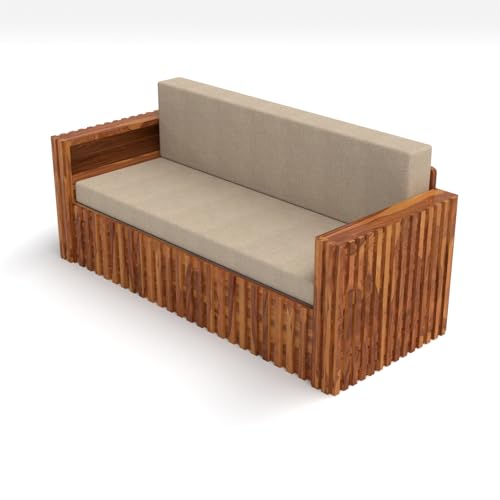 Image of Kunjal Furniture Solid Sheesham Wood Sofa Cum Bed with Storage for Living Room | Natural Finish | 3-Seater Convertible Sofa Bed | Handmade Wooden Furniture (Natural, American)