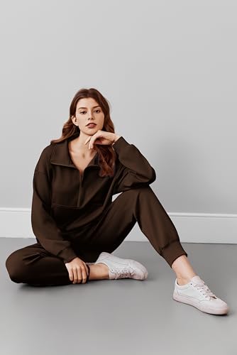 Image of PINSPARK 2 Piece Sets for Women Long Sleeve Half Zip Tracksuit Jogger Sets | 2026 Fall Travel Outfits Lounge Set, Lightweight Soft Air Layer Fabric, Kangaroo Pocket Sweatshirt, Drawstring Joggers Pants