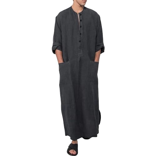 JIAHG Muslim Mens Clothing Long Sleeve Thobe Thawb Middle East Saudi Arab Caftan Crew Neck Islamic Abaya Dress Dubai Robe