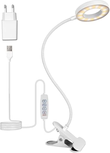TBTeek LED Leselampe, 48 LED Schwanenhals Bett Lampe, Augenpflege Schreibtischlampe, 3 Modi & 10 Dimmstufen, Klemmleuchte für Büro Heimgebrauch, CE Adapter Enthalten, Schwarz, Weiß