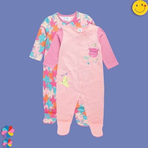 Image of miniklub Baby Girls Round Neck Full Length Knit Sleep Suit, Pack of 2 (Multi Color)