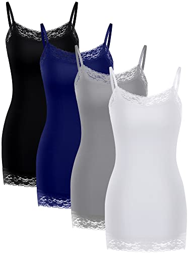 Bencailor 4 Pack Women's Long Tank Tops, Lace Camisole Neck Cami Adjustable Spaghetti Strap Undershirts for Women