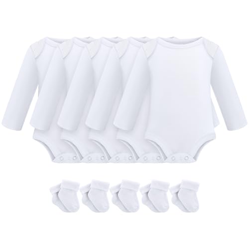 Image of Glitopper 5 Pack Preemie Long Sleeve Bodysuit Preemie Layette Set Bodysuit Socks Set for Boys Girls NICU Gift