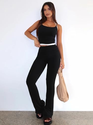 Image of Bellelily Women's 2 Piece Sets Casual Summer Outfits Spaghetti Strap Crop Tank Fold Over Yoga Flare Pants Comfy Loungewear