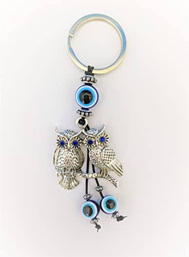 Two Owls Charm With Evil Eye Bead & Blue Crystal Eyes Keychain Ring - Sign Of Good Fortune, Good Luck & Blessing - Home, Bags & Car Rear View Mirror Hanging Accessories (2” X 4.5”) #TOP6