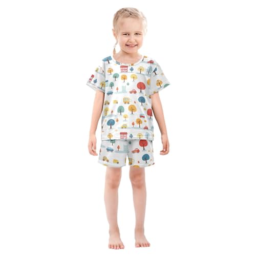 Pajama Short Sets Autumn Trees Cars Houses Soft Cotton Summer Sleepwear 2 Piece PJS Size 5-14T4