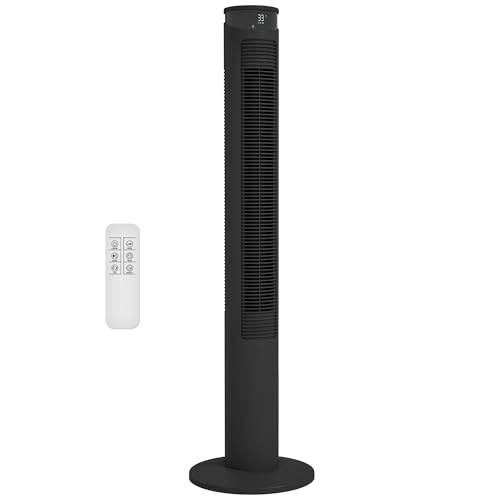 Ventilador de columna HOMCOM Ventilador de torre de 45W 3 velocidades 4 modos de viento, mando a distancia, temporizador 12h, oscilante a 70°, ventilador de refrigeración, modo sueño y modo niño,