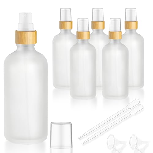6 Pack 3.4 Oz White Frosted Glass Spray Bottle,Empty Perfume Fine Mist Atomizer,Natural Bamboo Pump Head Travel Liquid Holder Containers for Cologne,Essential Oils,Body Sprays-Funnel&Pipette Included