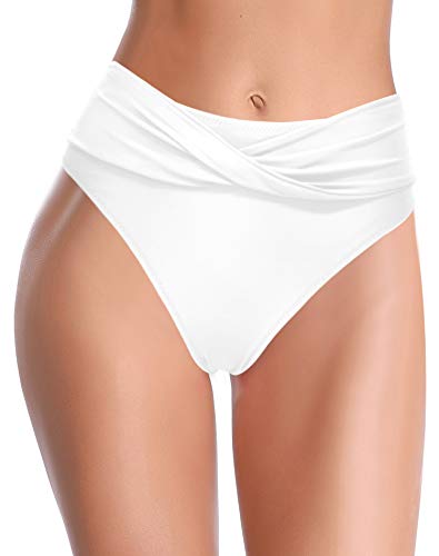 SHEKINI Traje de Baño para Mujer Pantalones Negros Abdominal Flaring Cintura Alta Control Pantalones de Bikini Fruncidos Color Sólido Bañadores Retro Bikini Bragas (Blanco C, Medium)